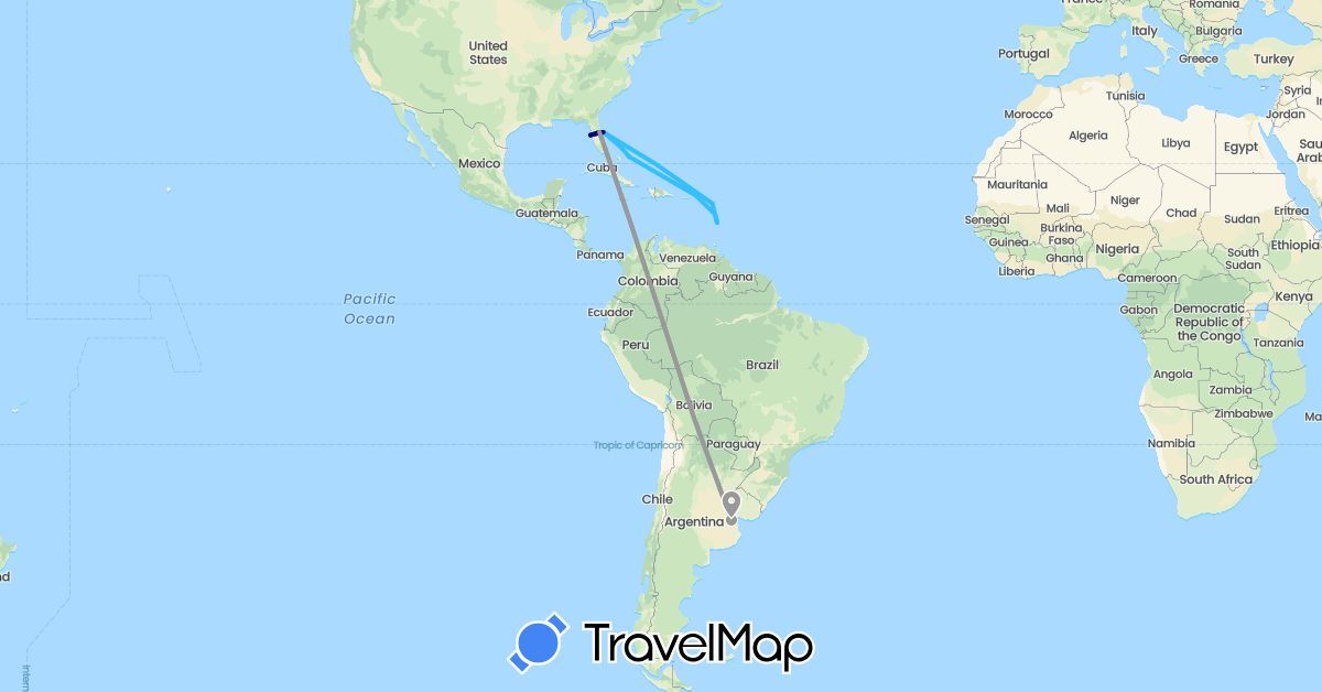 TravelMap itinerary: driving, plane, boat in Antigua and Barbuda, Argentina, Bahamas, Dominica, Saint Lucia, United States, British Virgin Islands (North America, South America)